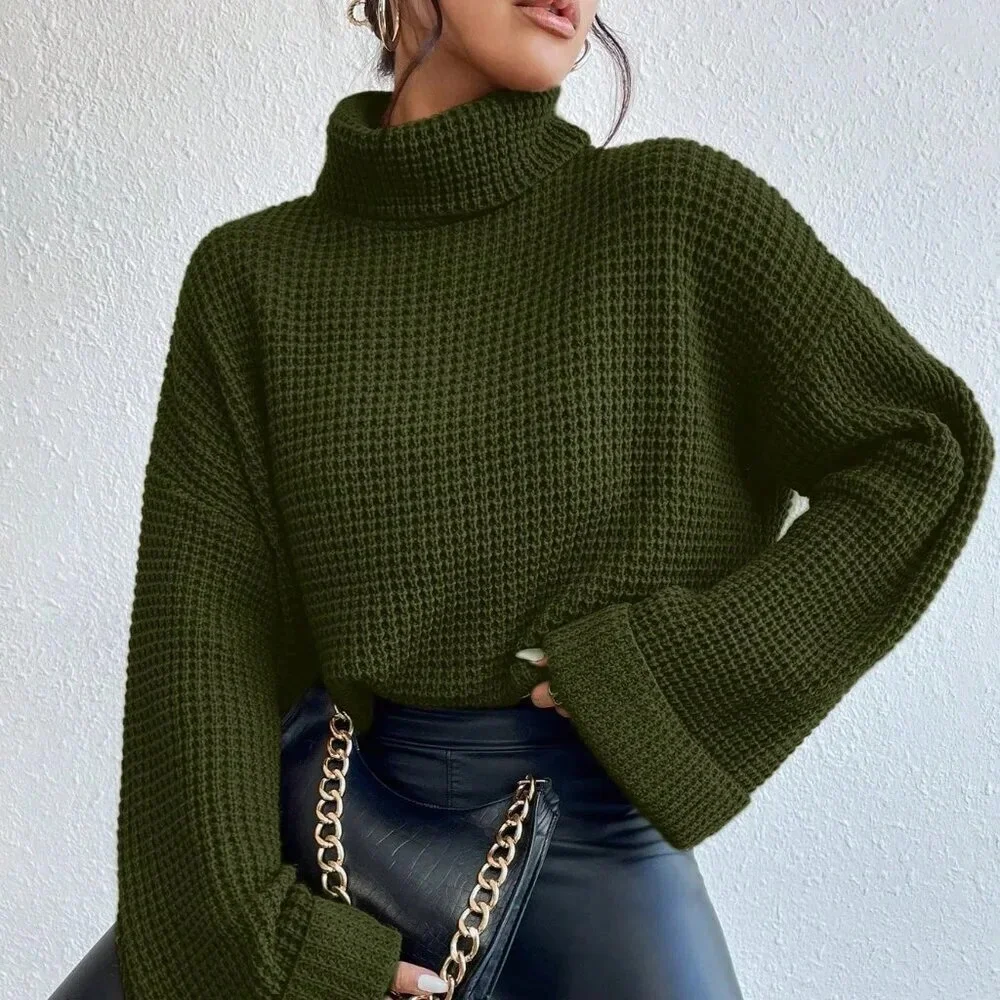 Army Green Casual Women's Turtleneck Long Sleeve Sweater - Picture 3 of 6